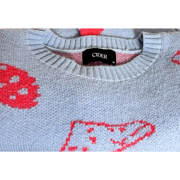 Cider Blue w Coral Mushroom Pattern Balloon Sleeve Jacquard Sweater Medium - Picture 5 of 6